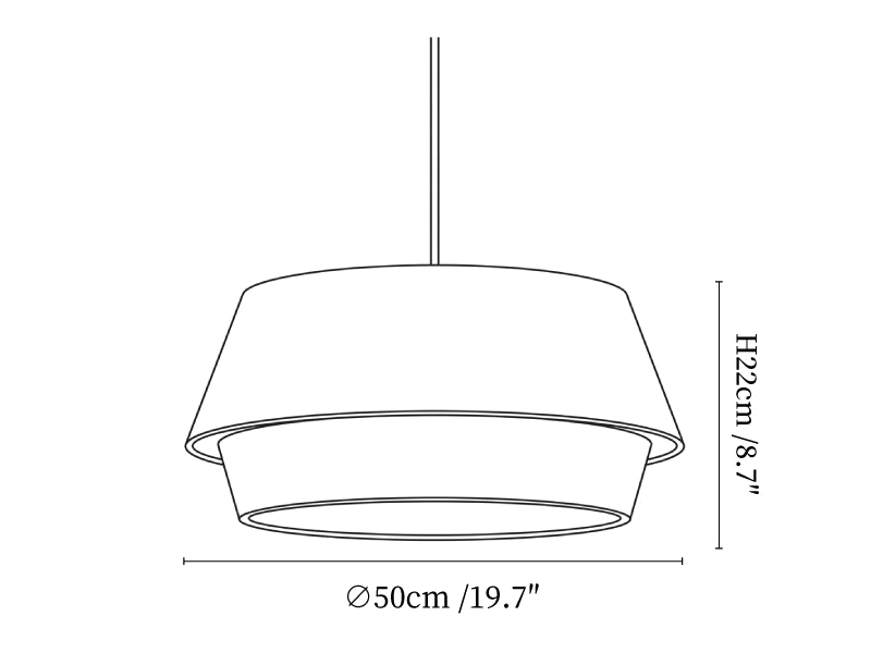 Clérachic pendant light dimension drawing, 2 of 3, every measurement marked in centimetres and inches.