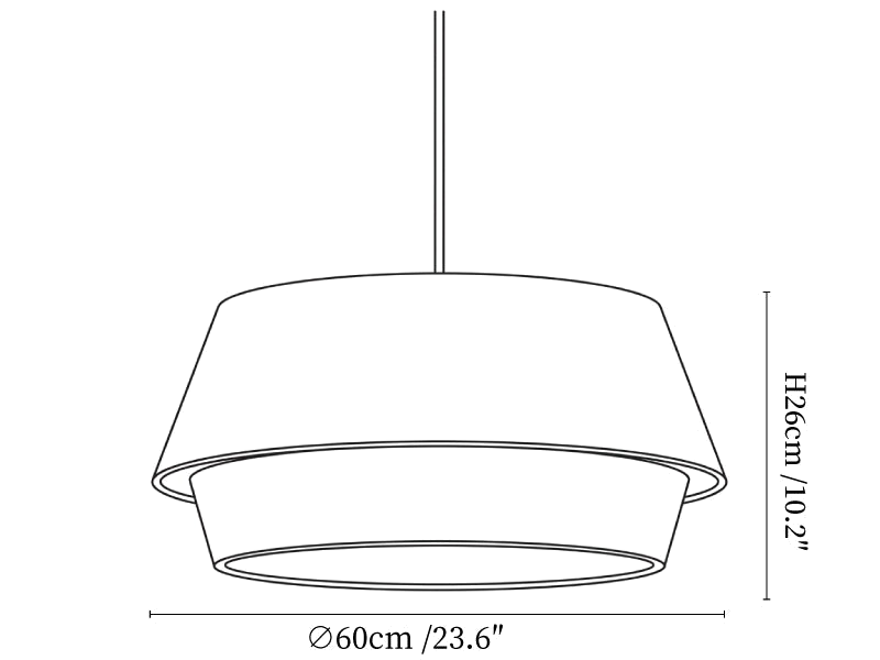 Clérachic pendant light dimension drawing, 3 of 3, every measurement marked in centimetres and inches.