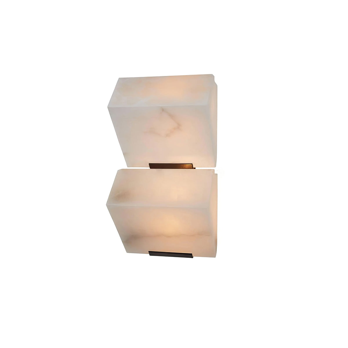 A smaller cut-out view of a two-block Clérachic alabaster wall light on white, the blocks glowing warm above black plates.
