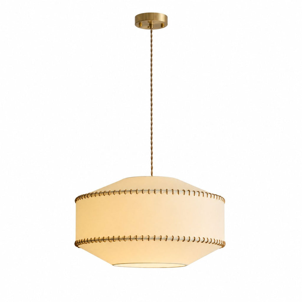Clérachic fabric pendant light on a white background, showing the shallow brass-toned ceiling canopy, the twisted flex cord and the two lace lines banding the shade.