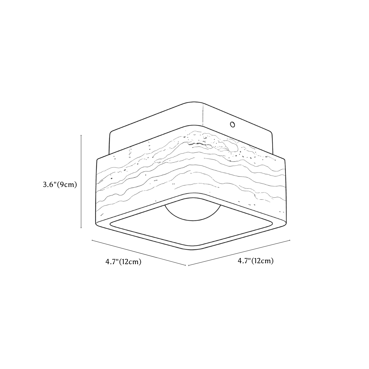 Clérachic ceiling light dimension drawing, every measurement marked in centimetres and inches.
