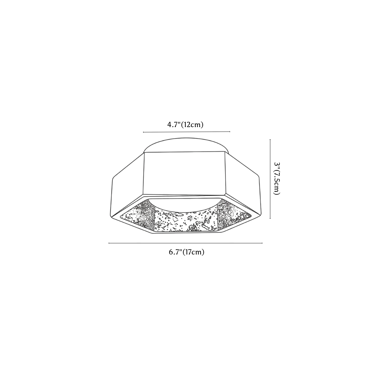Clérachic ceiling light dimension drawing, every measurement marked in centimetres and inches.