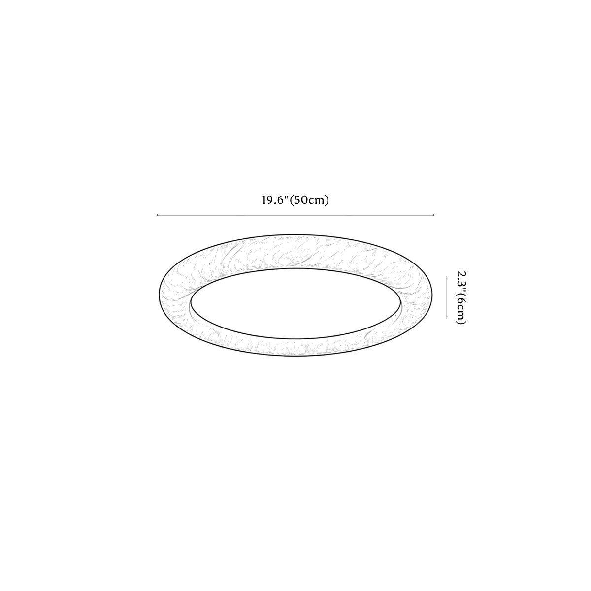Clérachic ceiling light dimension drawing, 6, every measurement marked in centimetres and inches.