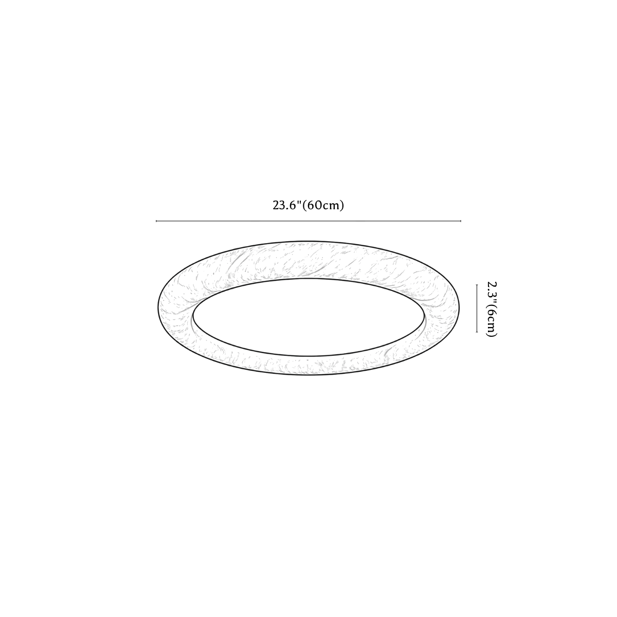 Clérachic ceiling light dimension drawing, 7, every measurement marked in centimetres and inches.