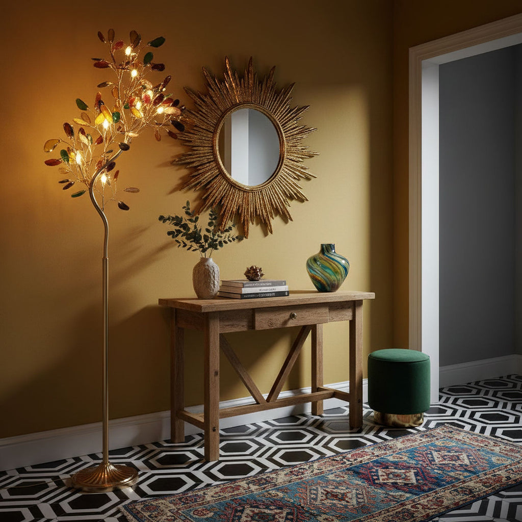 Clérachic agate floor lamp glowing in a mustard-walled hall, beside a sunburst mirror and a wooden console on a geometric floor.