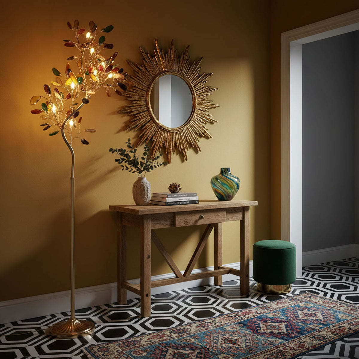 Clérachic agate floor lamp glowing in a mustard-walled hall, beside a sunburst mirror and a wooden console on a geometric floor.