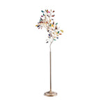 Unlit Clérachic agate floor lamp on a plain white backdrop, with multicolour slices on thin branches above a gold stem.