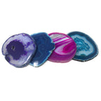 Four polished agate slices in purple, blue, pink and teal, shown as a reference for the stone used in this Clérachic floor lamp.