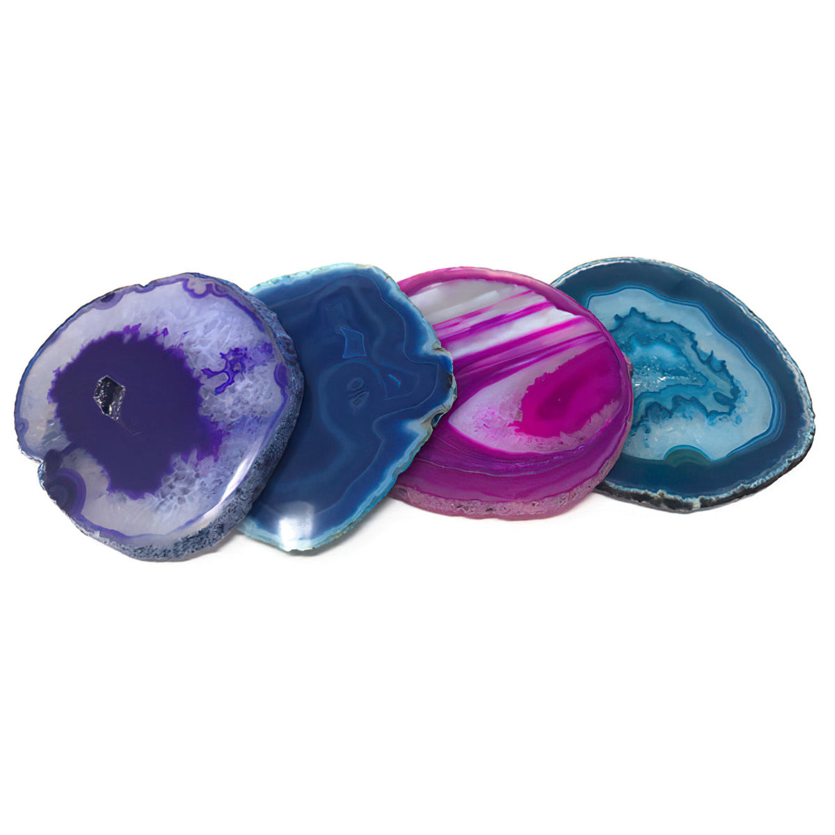 Four polished agate slices in purple, blue, pink and teal, shown as a reference for the stone used in this Clérachic floor lamp.