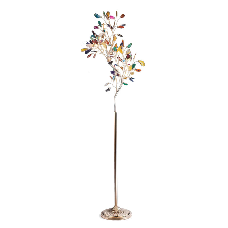 Clérachic agate floor lamp with multicolour slices on thin gold branches, shown on a plain white backdrop above a fluted base.