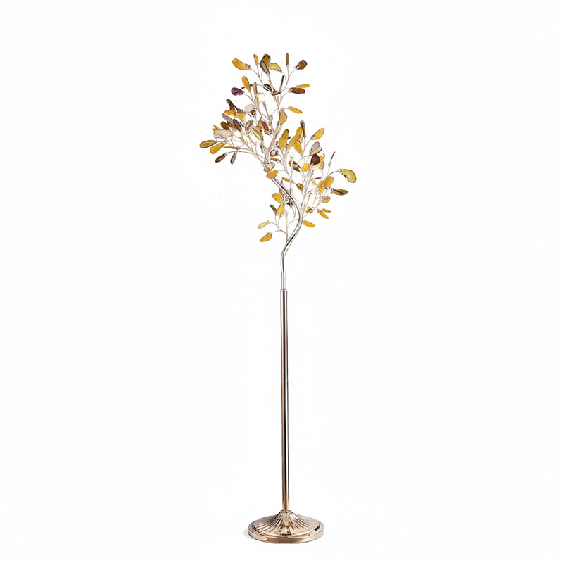 Clérachic agate floor lamp with yellow and amber slices on thin gold branches, on a plain white backdrop.