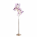 Clérachic agate floor lamp with purple and violet slices on thin gold branches, on a white backdrop.