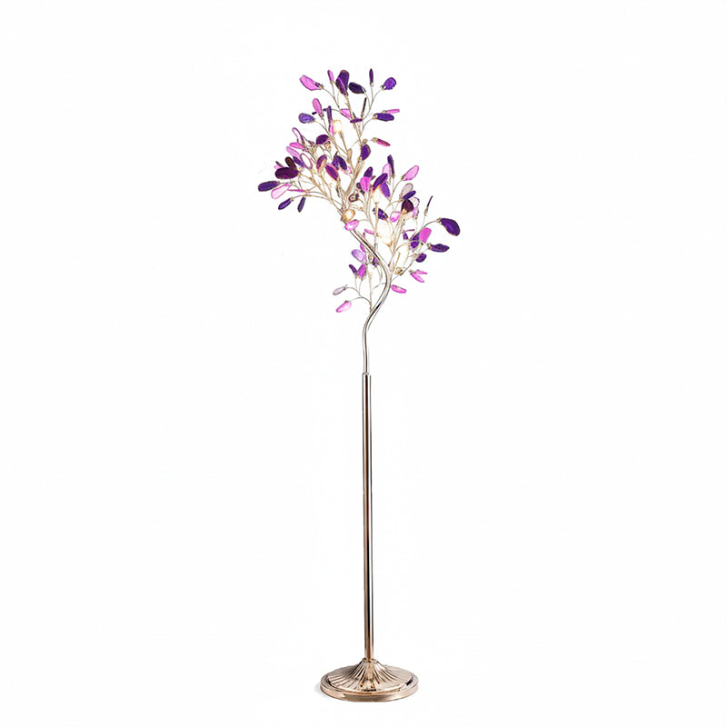 Clérachic agate floor lamp with purple and violet slices on thin gold branches, on a white backdrop.