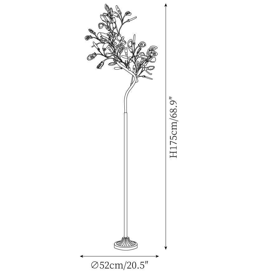 Clérachic floor lamp dimension drawing, every measurement marked in centimetres and inches.