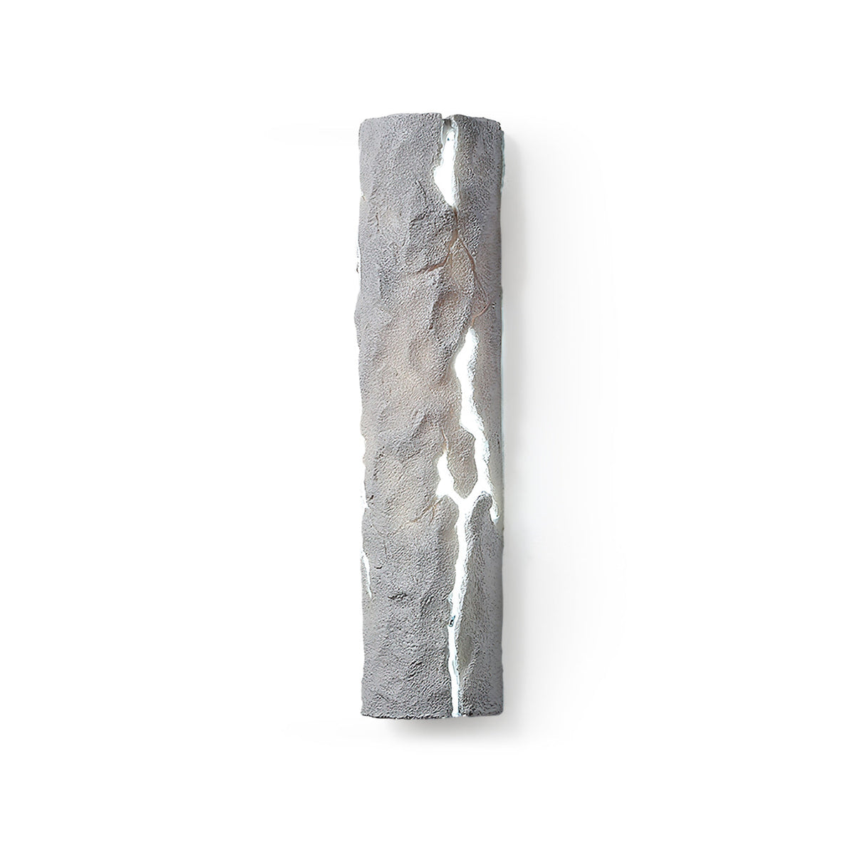 Grey stone-look wall light with a white glowing crack, shown straight on against white, a Clérachic wall light.