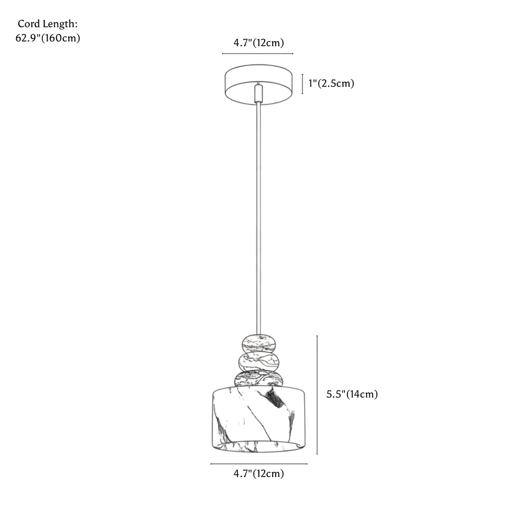 Clérachic pendant light dimension drawing, every measurement marked in centimetres and inches.