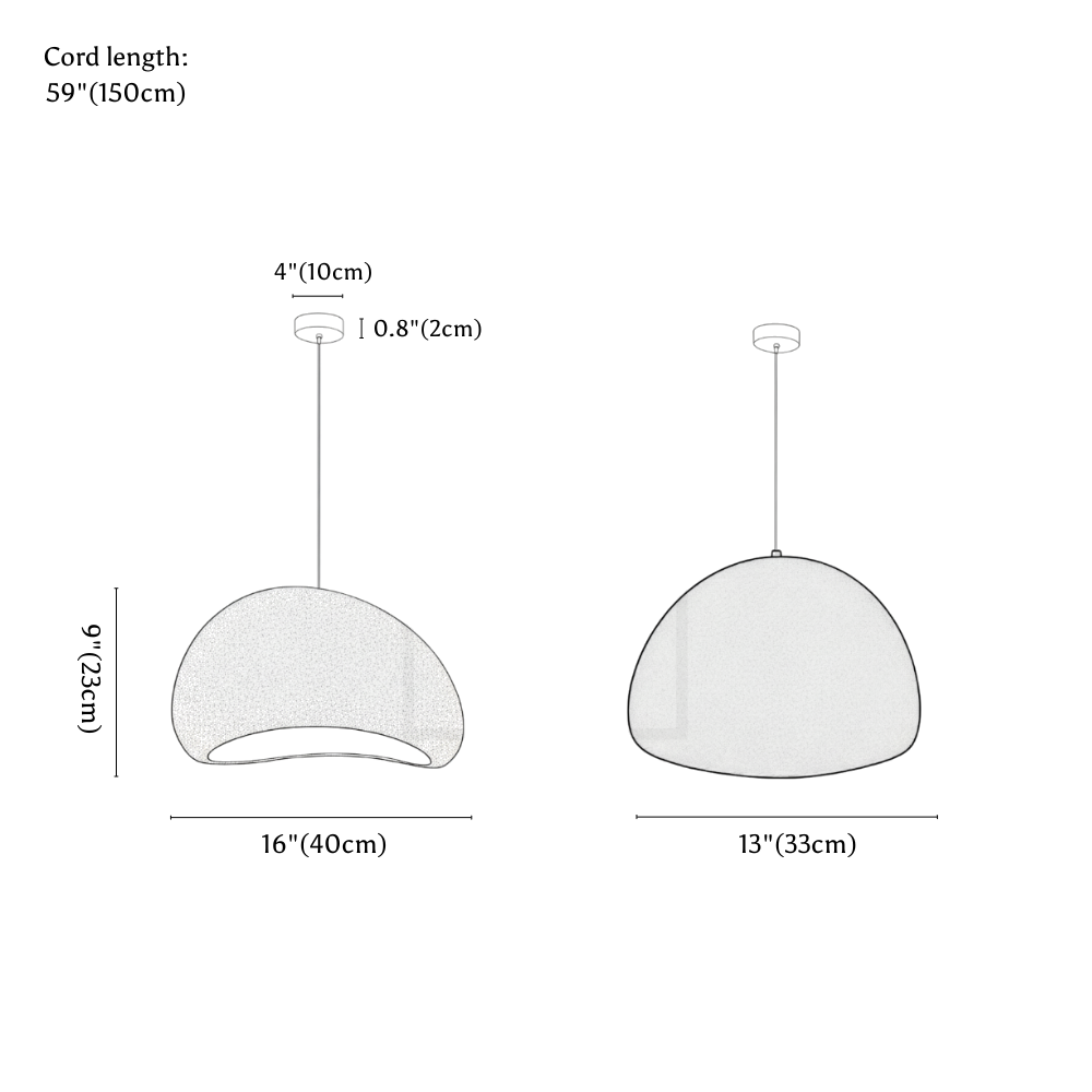 Clérachic pendant light dimension drawing, 40 cm, every measurement marked in centimetres and inches.