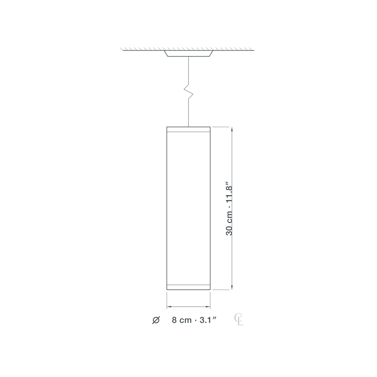 Technical dimension drawing of the Clérachic stone pendant light, slim column, Dia. 8 cm (3.1″) across and 30 cm (11.8″) tall