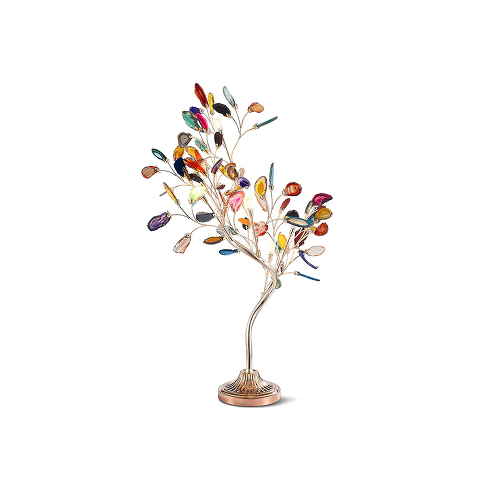 Front view of the Clérachic table lamp on a white backdrop, its agate leaves in many colours on a branching gold stem.