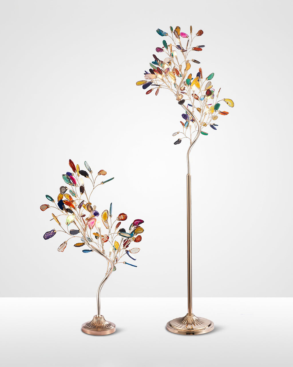 The Clérachic agate tree lamp shown in two heights, a table lamp and a tall floor lamp, on a pale studio background.