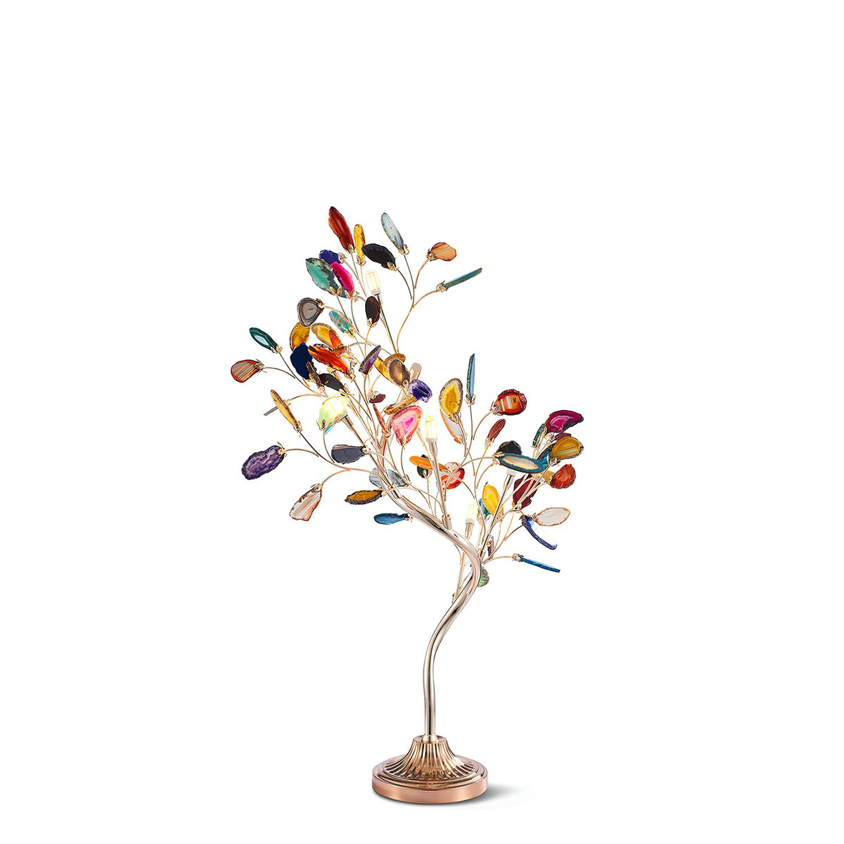 Front view of this Clérachic table lamp on white, with agate leaves in mixed colours on branches rising from a bronze base.