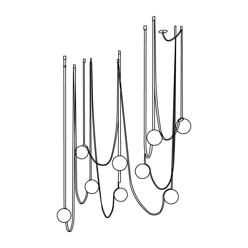 Line drawing of the Clérachic Strap-Hung Glass Globe Pendant Light, outlining how each strap and globe hangs at its own staggered length.
