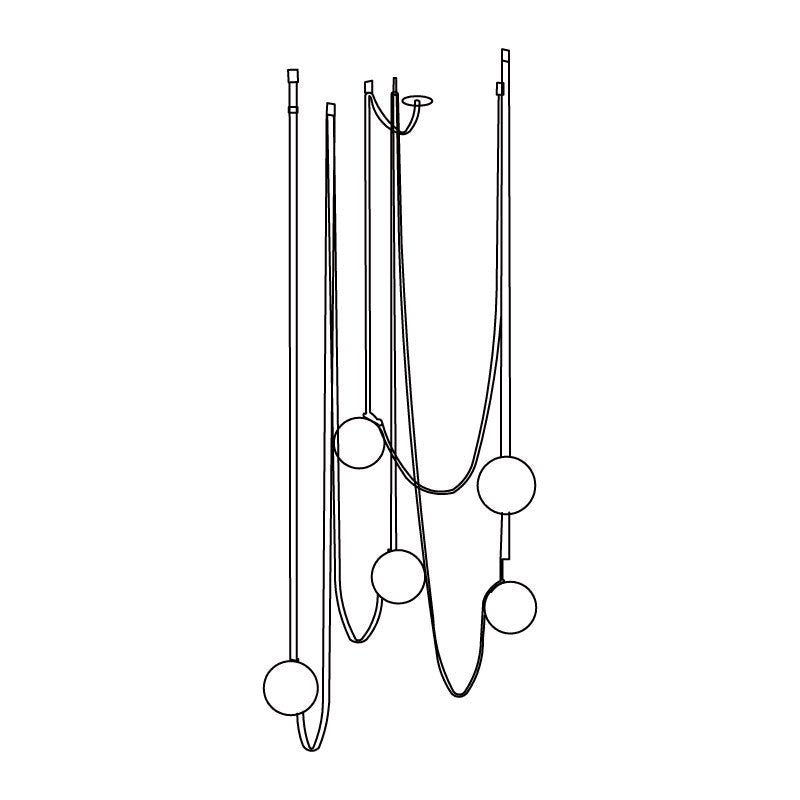 Line drawing of the Clérachic Strap-Hung Glass Globe Pendant Light's five-globe layout, tracing how each strap loops to its own hook.