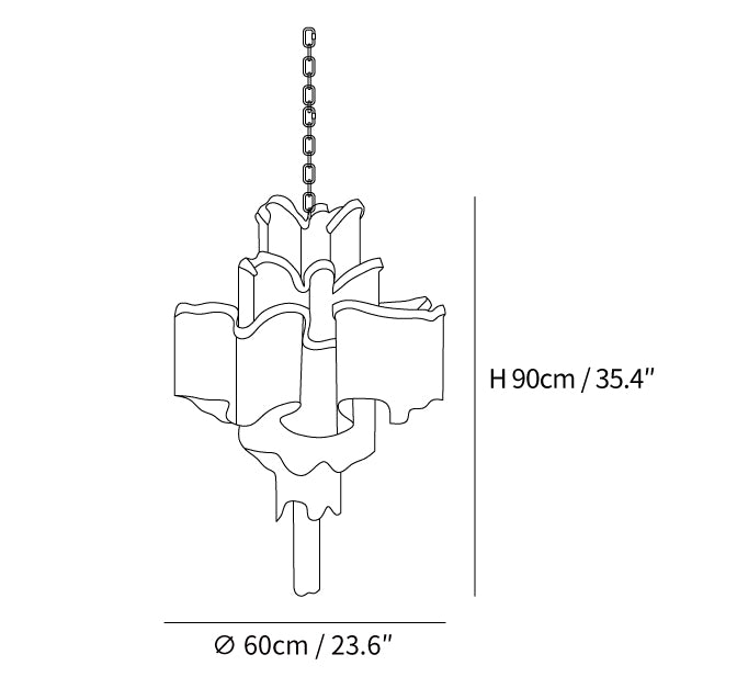 Dimension drawing of the stream chain chandelier, in outline against white.