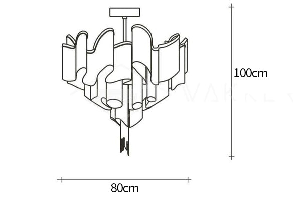 Dimension drawing of the stream chain chandelier, in outline against white.