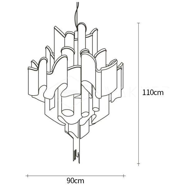 Dimension drawing of the stream chain chandelier, in outline against white.
