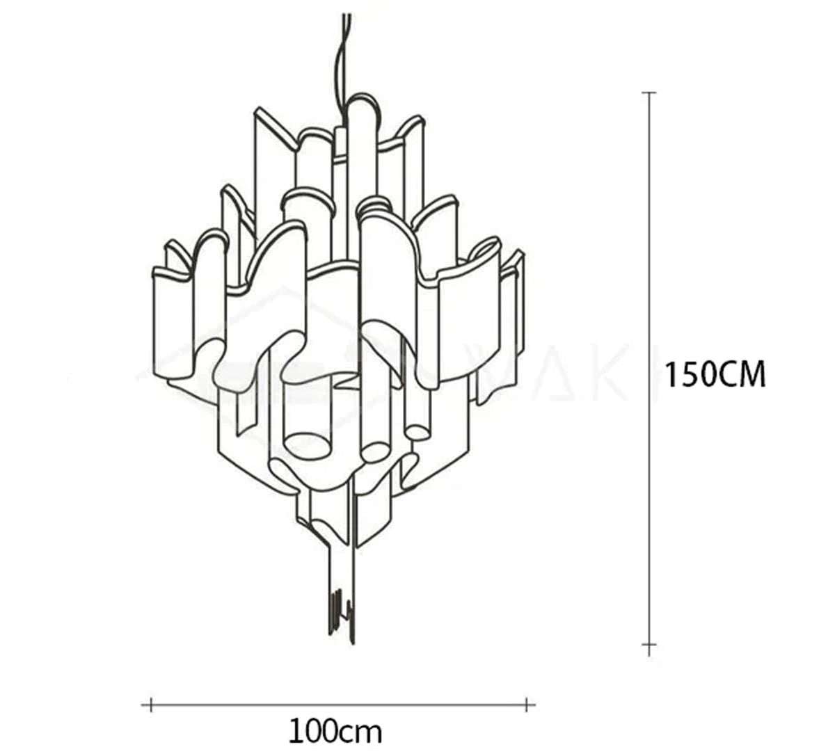 Dimension drawing of the stream chain chandelier, in outline against white.