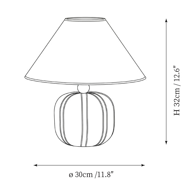 Clérachic table lamp dimension drawing, every measurement marked in centimetres and inches.