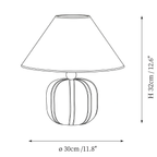 Clérachic table lamp dimension drawing, every measurement marked in centimetres and inches.