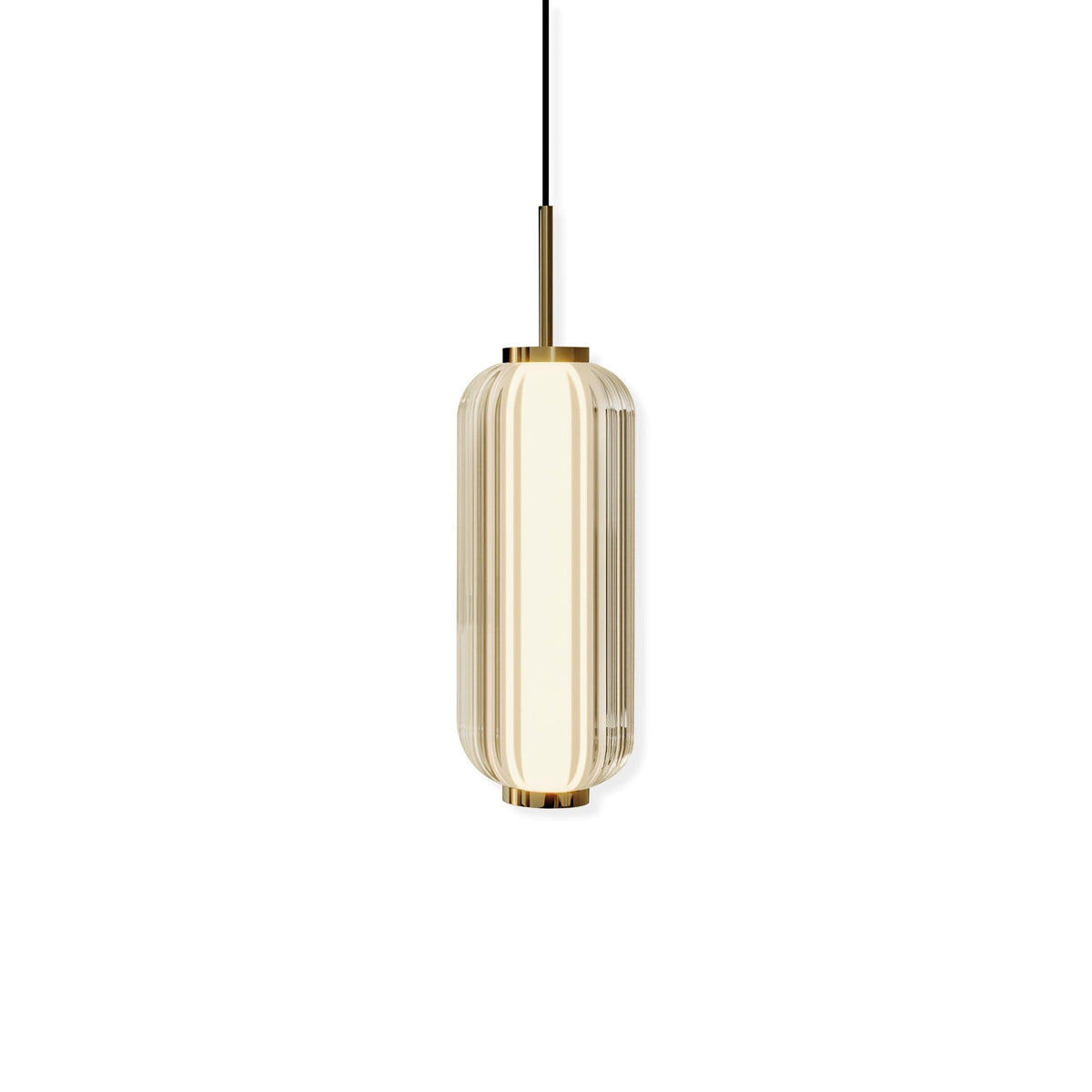 A smaller ribbed glass cylinder Clérachic pendant in champagne-tinted glass with a gold stem, on a white backdrop.