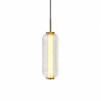 A ribbed clear glass cylinder Clérachic pendant with a lit inner tube, a gold stem and gold caps, on a white backdrop.