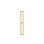 A slim two-tier Clérachic pendant in clear ribbed glass with a warm glowing inner tube and gold collars, on white.