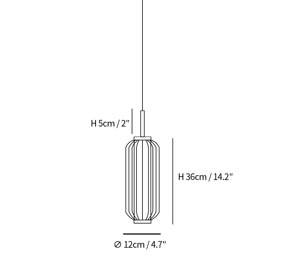 Clérachic pendant light dimension drawing, 1 of 3, every measurement marked in centimetres and inches.