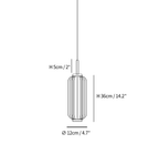 Clérachic pendant light dimension drawing, 1 of 3, every measurement marked in centimetres and inches.
