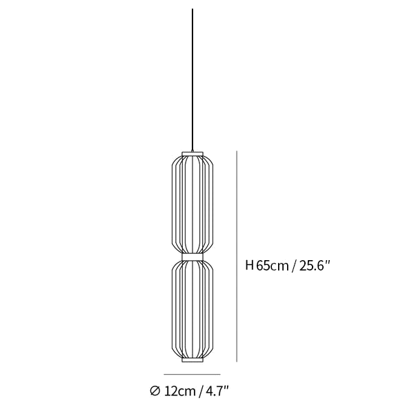 Clérachic pendant light dimension drawing, 2 of 3, every measurement marked in centimetres and inches.