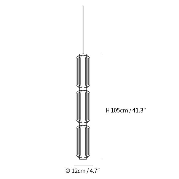 Clérachic pendant light dimension drawing, 3 of 3, every measurement marked in centimetres and inches.