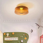 Clérachic Sunburst Amber Glass Flush Mount Ceiling Light lighting an entry hall above a green pegboard rack and cornice moulding.