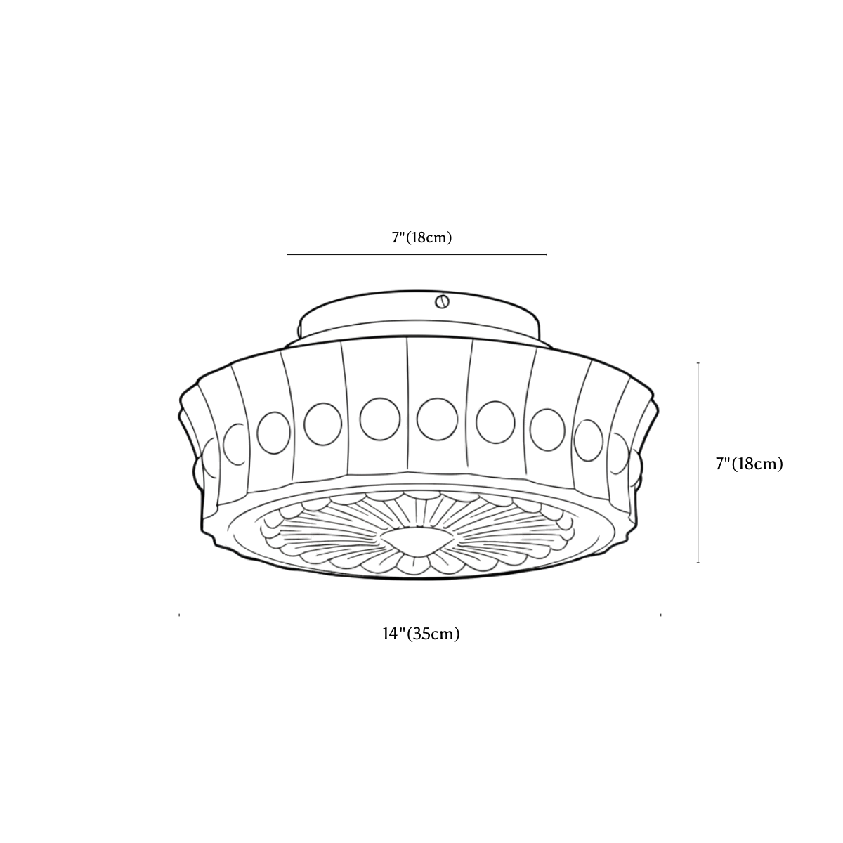 Clérachic ceiling light dimension drawing, 35 cm, every measurement marked in centimetres and inches.
