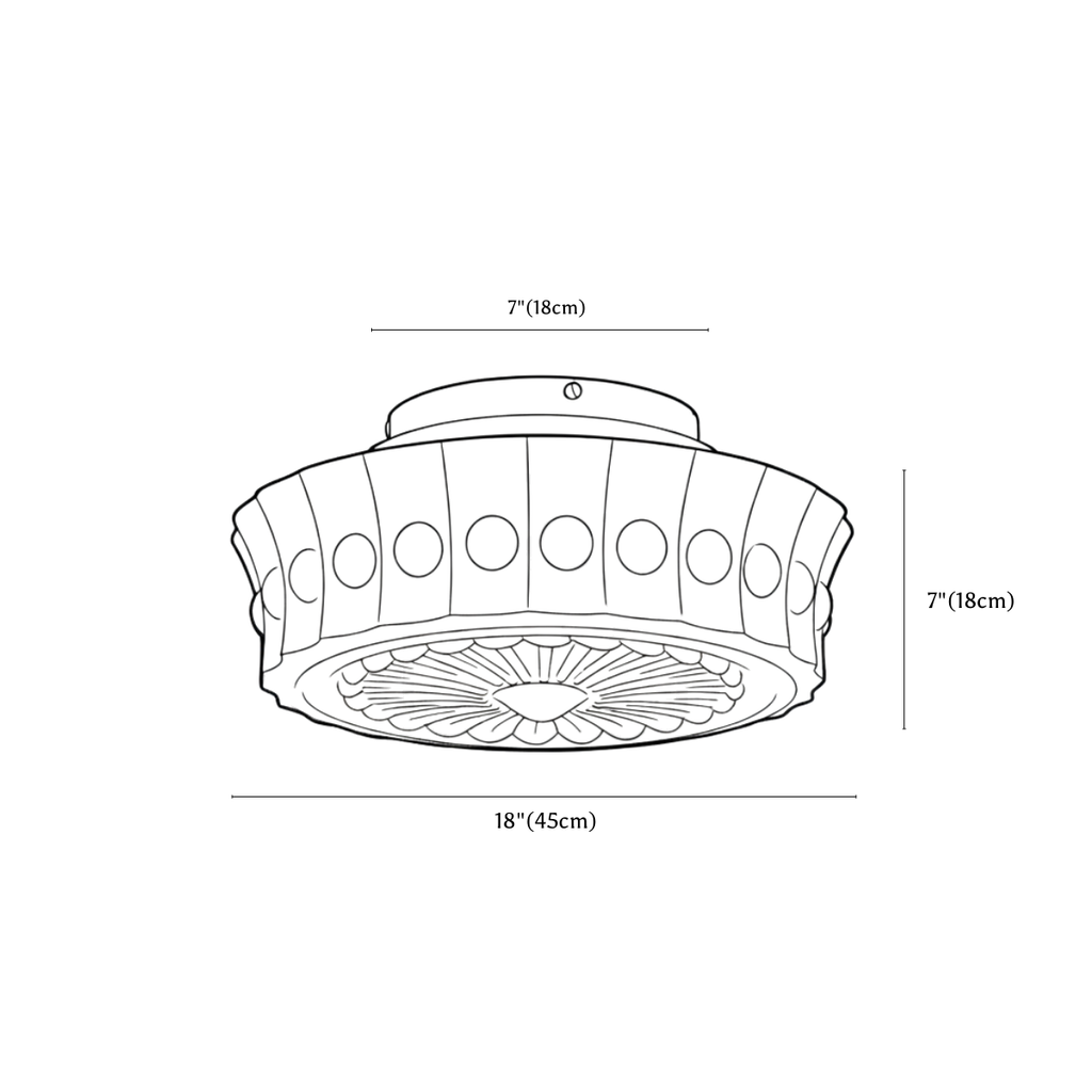 Clérachic ceiling light dimension drawing, 45 cm, every measurement marked in centimetres and inches.