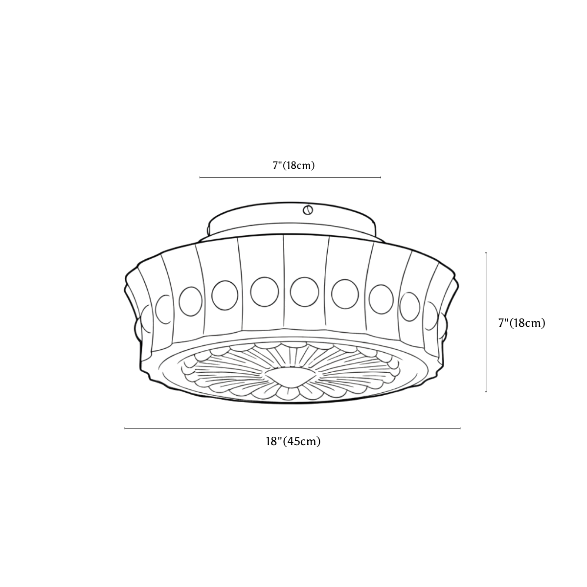 Clérachic ceiling light dimension drawing, 45 cm, every measurement marked in centimetres and inches.