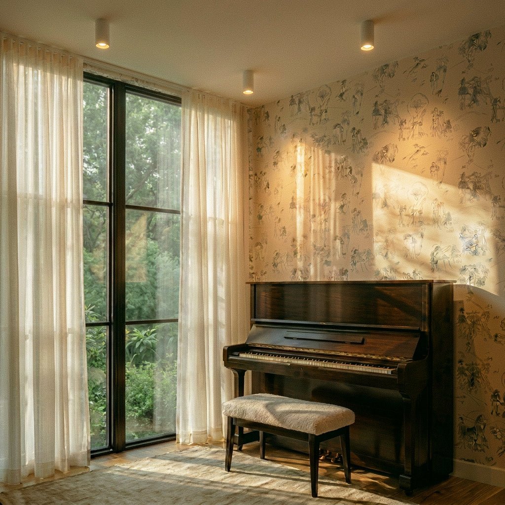 Clérachic surface downlight fixtures line a sunlit room's ceiling above a piano and patterned wallpaper wall.