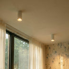 Clérachic surface downlight pair mounted on a hallway ceiling corner near sheer curtains and illustrated wallpaper.