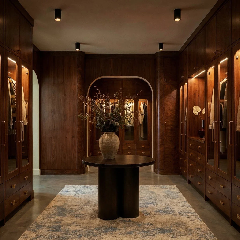 Clérachic surface downlight fixtures light a walnut walk-in closet with a round table, vase and patterned rug.