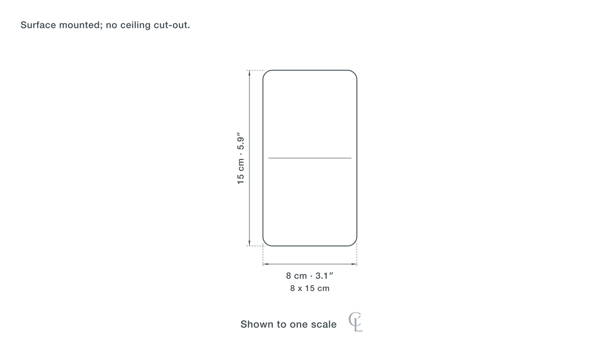 Technical dimension drawing of the Surface Downlight for Hallway, Aluminium, 8 to 15 cm — 8 × 15 cm (3.1 × 5.9″), drawn to scale.