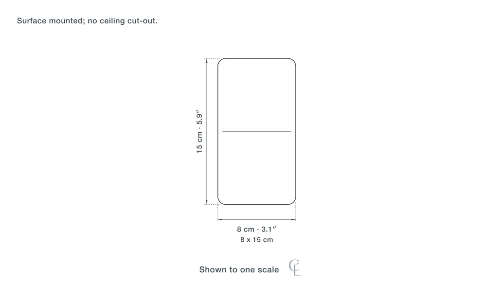 Technical dimension drawing of the Clérachic Surface Downlight for Hallway, Aluminium, 8 to 15 cm — 8 × 15 cm (3.1 × 5.9″), drawn to scale.
