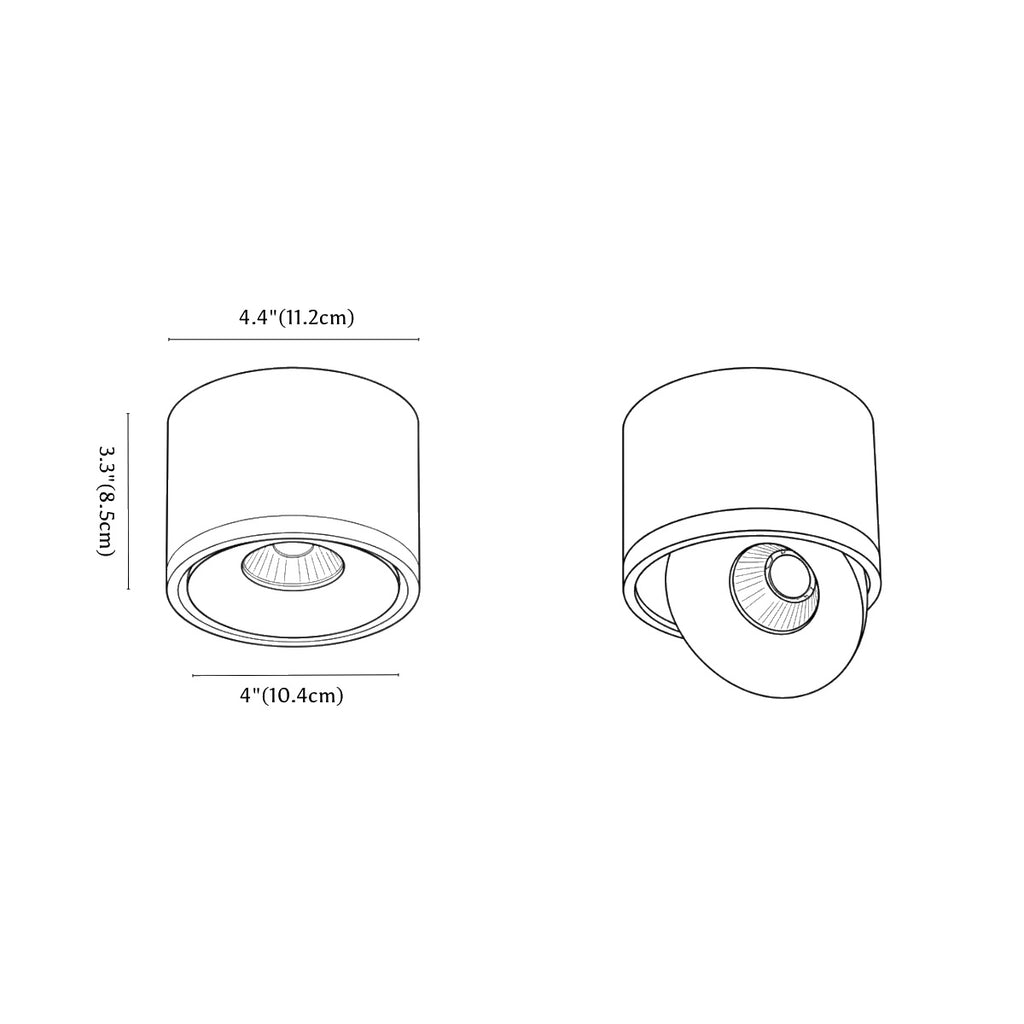 Clérachic downlight dimension drawing, 1, every measurement marked in centimetres and inches.